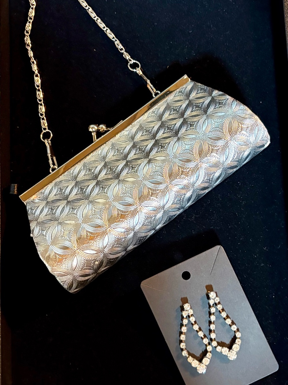 Silver Metallic Embossed Evening Clutch with Chain Strap BONUS Classy earrings